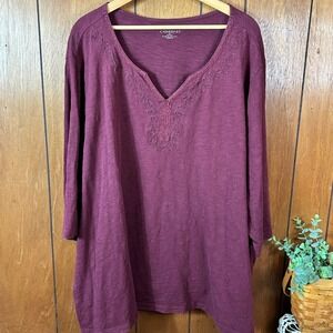 Catherines Plus Size 4X Burgundy Embroidered V Neck Long Sleeve Tunic Top